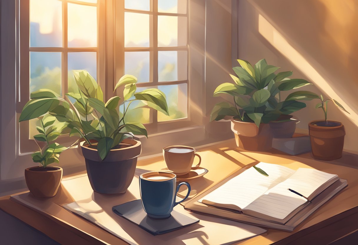 A cozy desk with a pen, open journal, potted plant, and warm mug of tea. Sunlight streams through a window, casting a soft glow on the scene