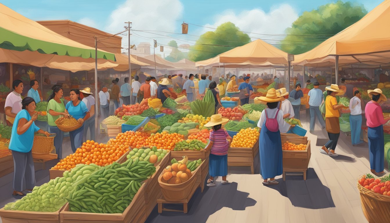 A bustling Cardenas Market filled with vibrant produce, traditional Mexican goods, and lively music, capturing the essence of authentic culture