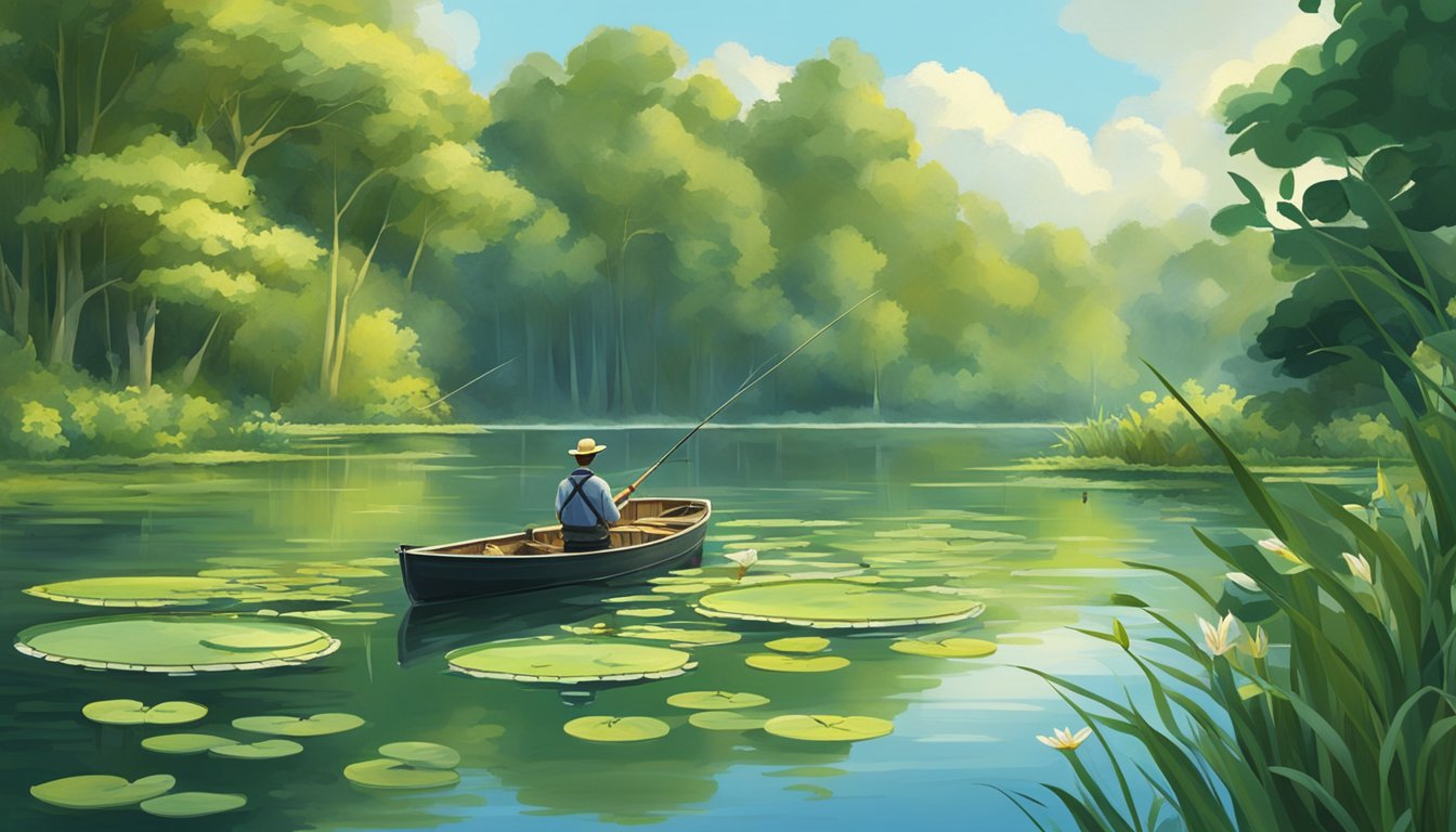 A serene lake with reeds and lily pads, surrounded by lush green trees. Several fish species swim near the surface, while a fisherman casts his line from a small boat