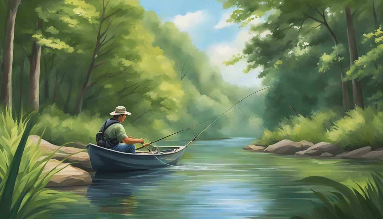 A fisherman casts a line into the tranquil waters of a Maryland river, surrounded by lush greenery and the sounds of nature