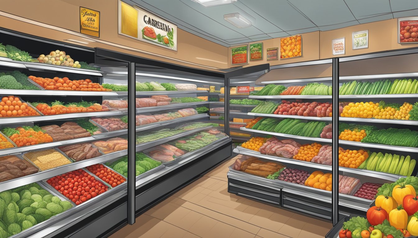 A colorful display of fresh produce, meats, and packaged goods arranged neatly on shelves and in refrigerated cases, showcasing the diverse and high-quality product range at Cardenas Markets