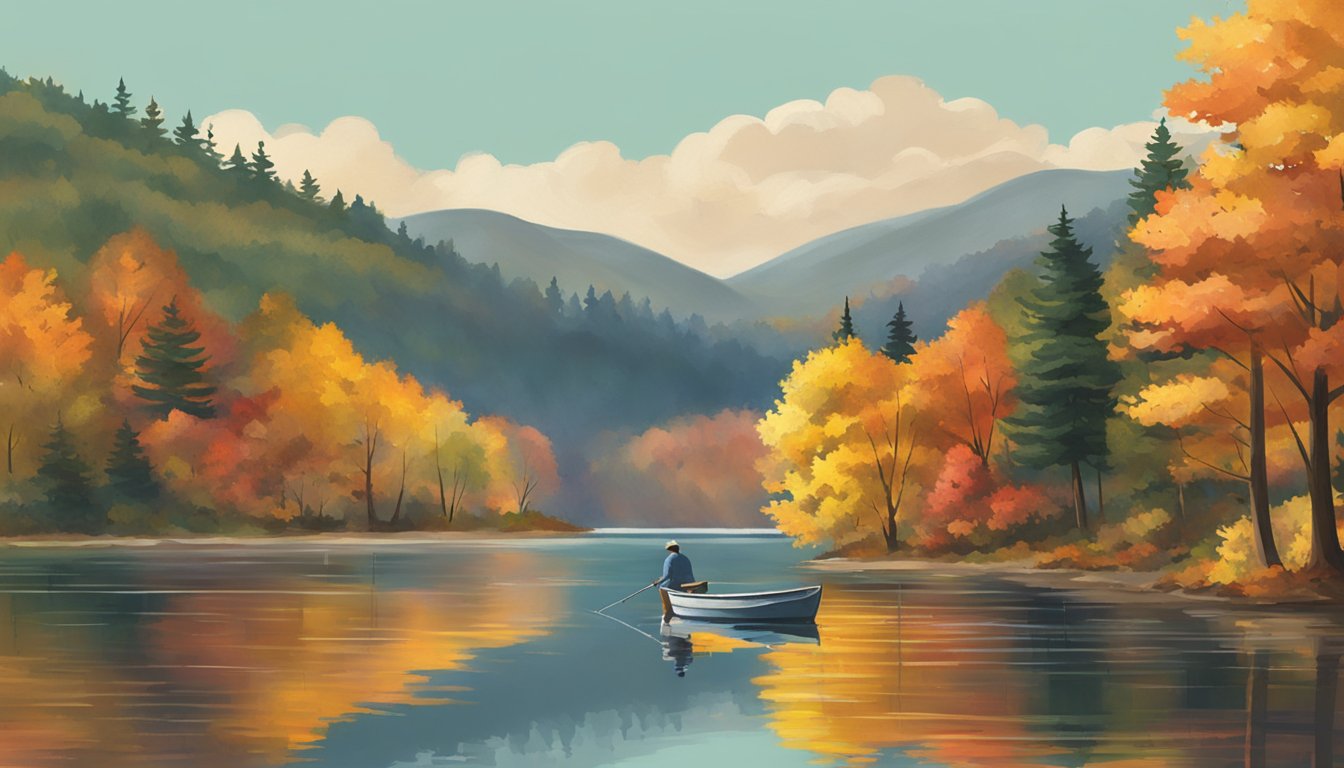 A serene lake in Massachusetts, surrounded by colorful autumn foliage. A lone fishing boat floats on the calm water, with a fisherman casting his line