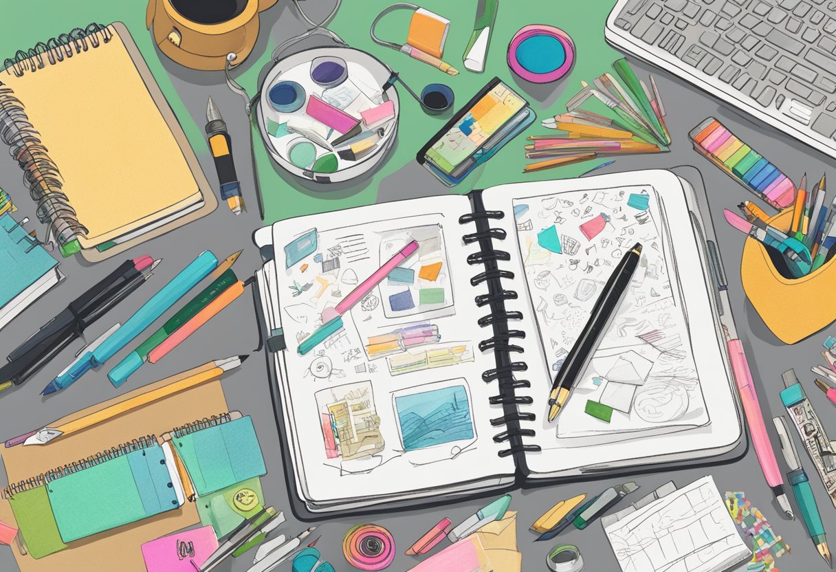 A cluttered desk with various journaling supplies scattered around, including pens, markers, stickers, and washi tape. An open notebook shows colorful doodles and writing