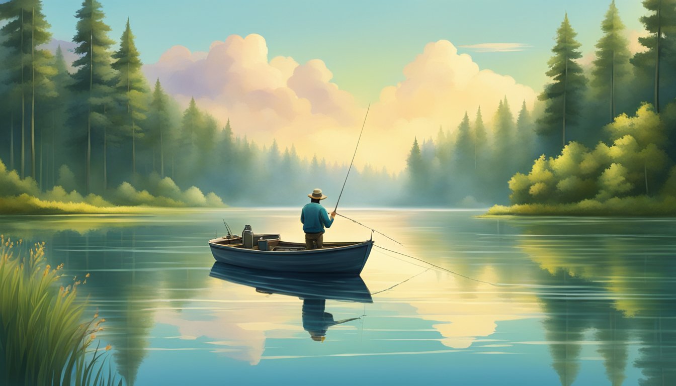 A serene lake surrounded by lush forests, with a fishing boat gently bobbing on the water, and a fisherman casting his line into the calm, glassy surface