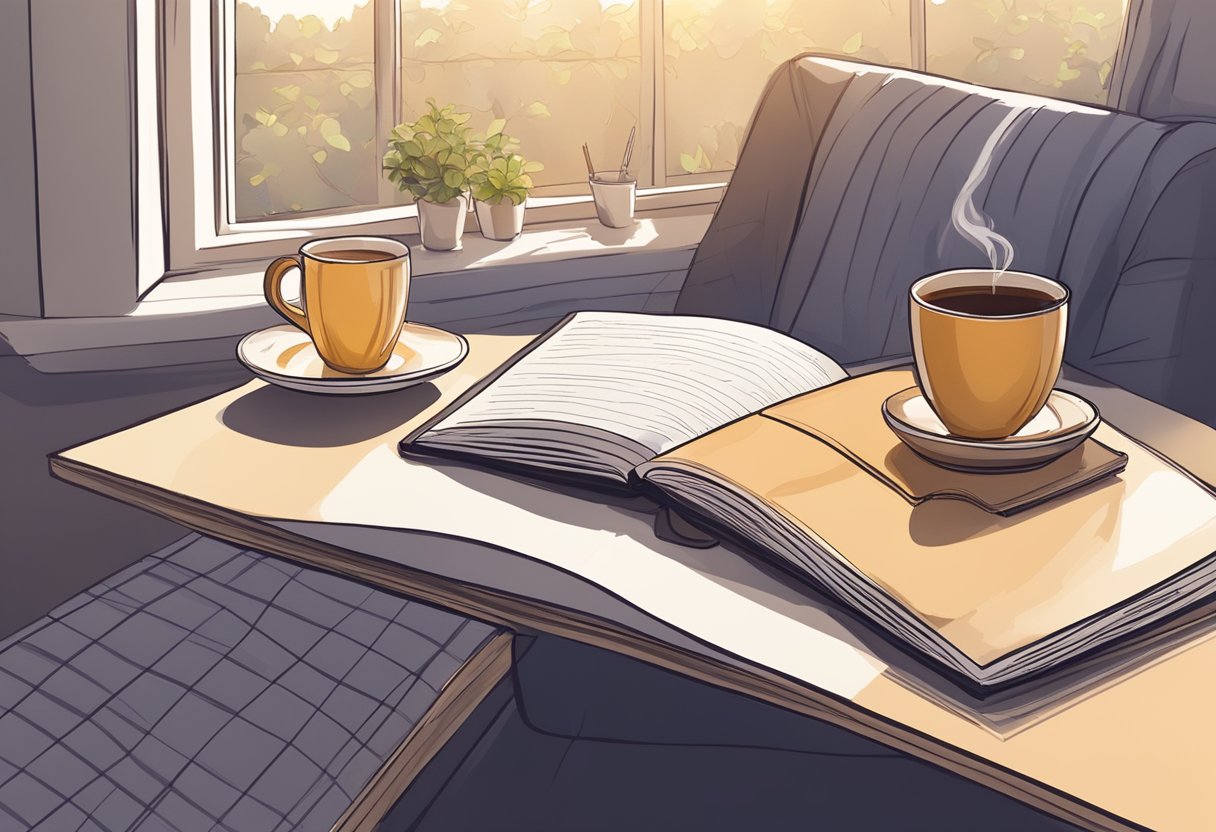 A cozy corner with a journal, pen, and a cup of tea. Soft lighting and a comfortable chair invite relaxation and reflection