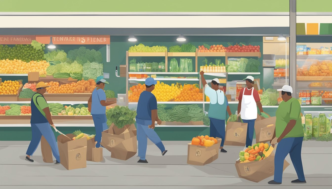 Customers donating canned goods at Cardenas Markets, employees organizing a community clean-up, and a local farmer supplying fresh produce