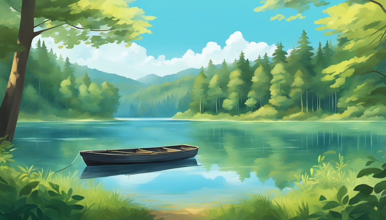 A serene lake surrounded by lush forests, with a few fishing boats scattered along the shore. The water is calm, reflecting the clear blue sky above