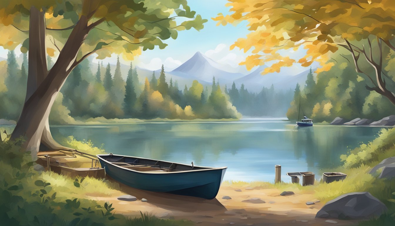 A serene lake surrounded by changing foliage, with a fishing boat and gear set up on the shore