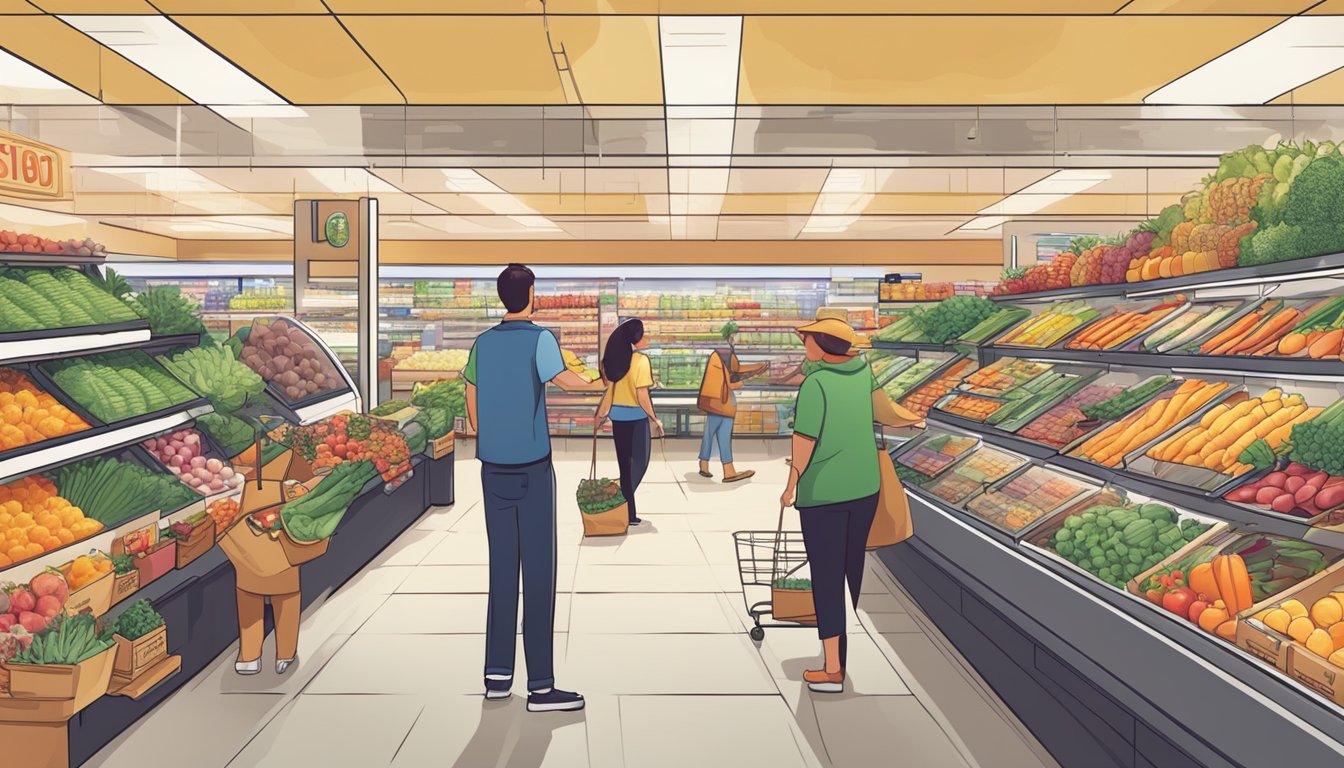 A bustling, modern grocery store with bright signage and a wide variety of fresh produce, meats, and packaged goods. Customers happily browse the aisles, while friendly staff members assist with their purchases