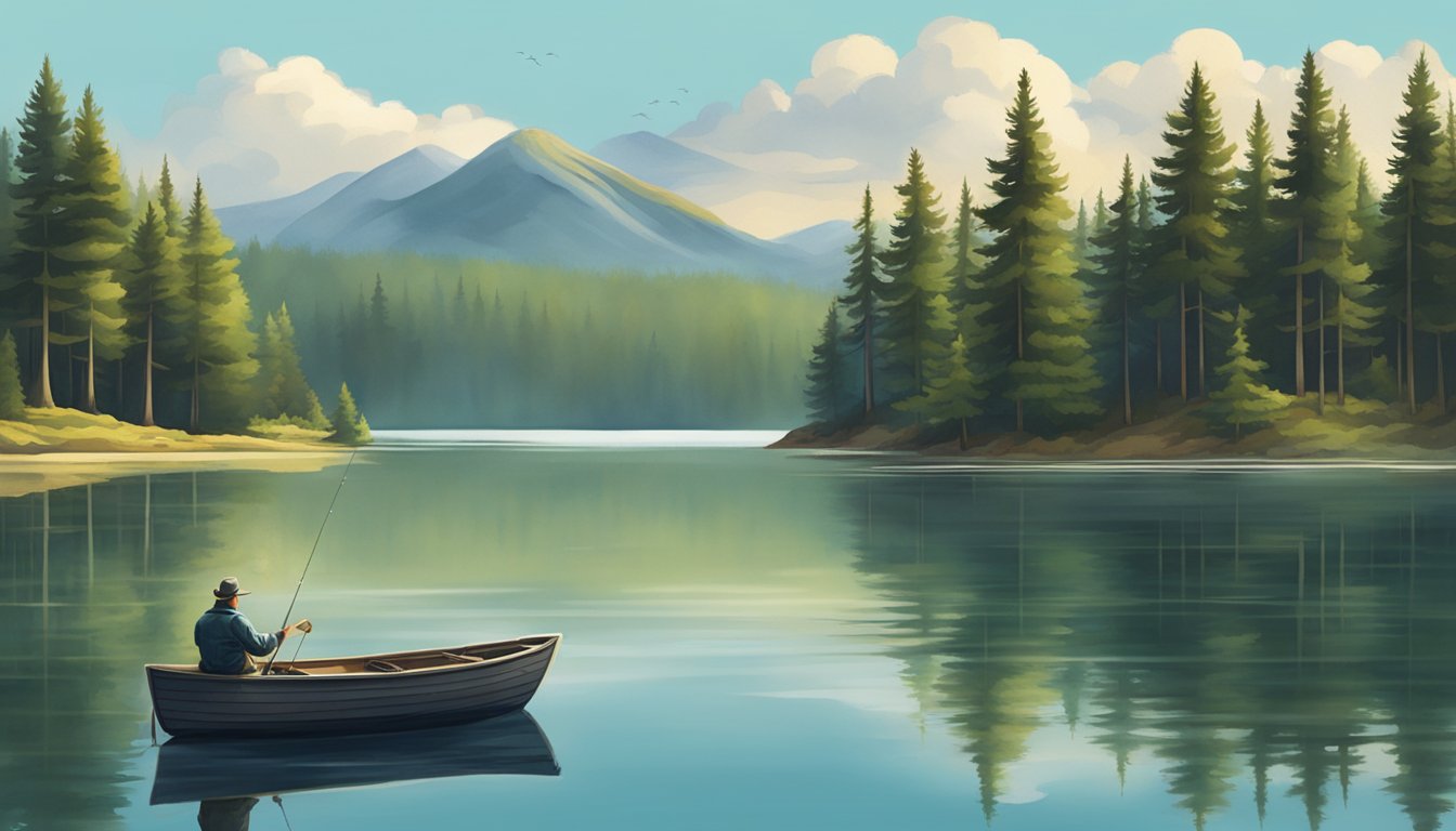 A serene lake surrounded by pine trees, with a fishing boat on the water and a fisherman casting a line