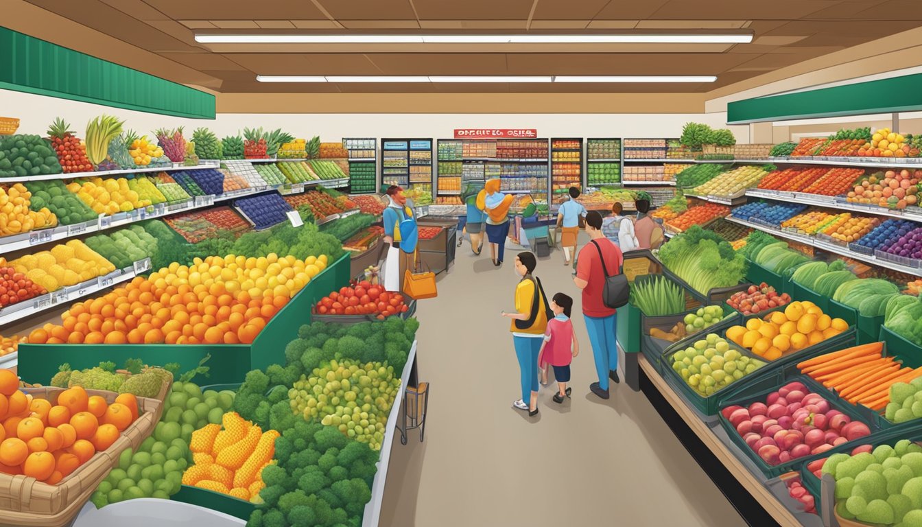 A bustling Raley's grocery store, with colorful aisles, fresh produce, and friendly staff assisting customers