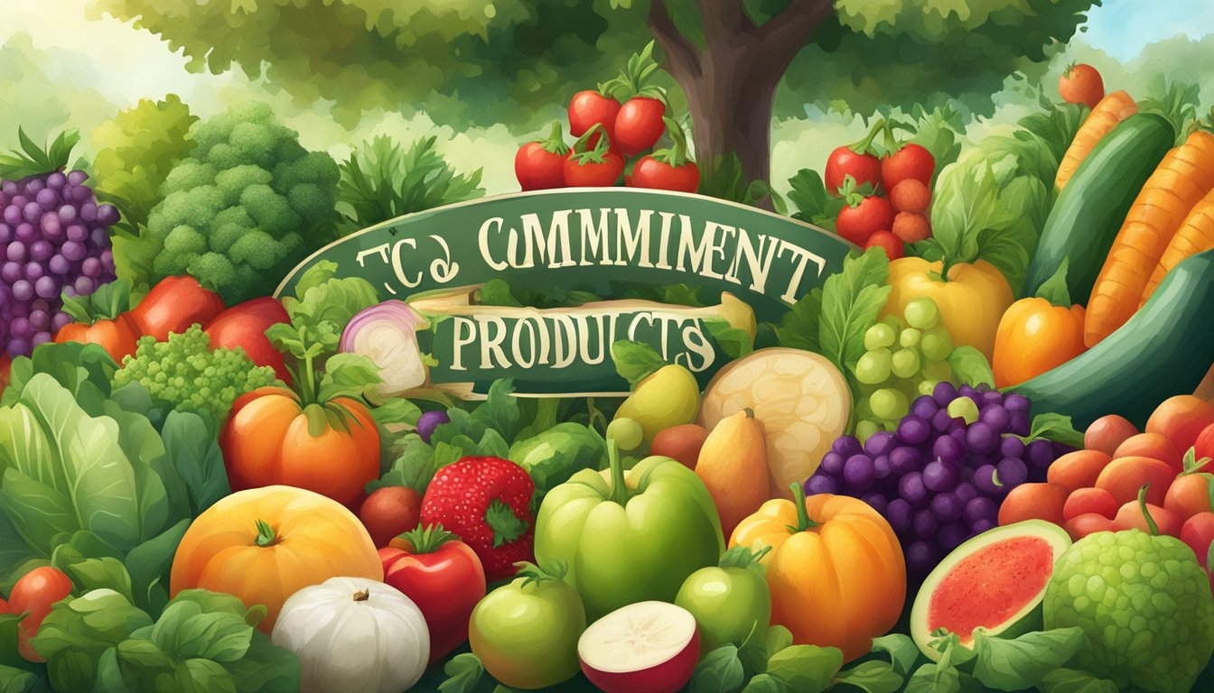 A lush garden bursting with vibrant fruits and vegetables, surrounded by a sign declaring "Commitment to Fresh and Quality Products."