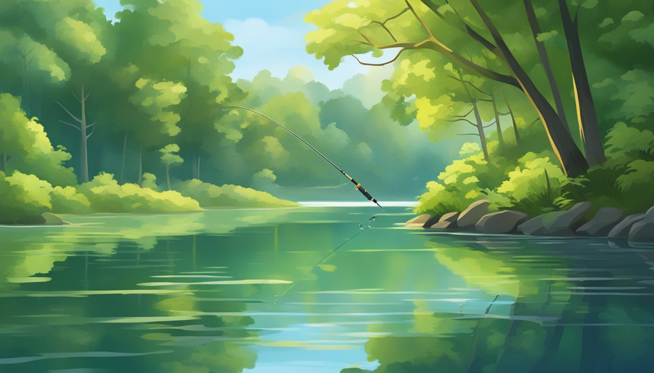 A serene lake surrounded by lush green trees, with a fishing rod cast into the calm water and a fish jumping out of the surface