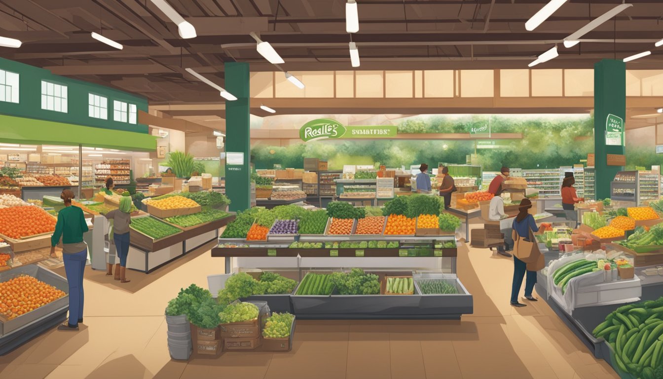 A bustling Raley's store with eco-friendly products, organic produce, and sustainable packaging. Employees engage in ethical practices, recycling, and promoting local farmers