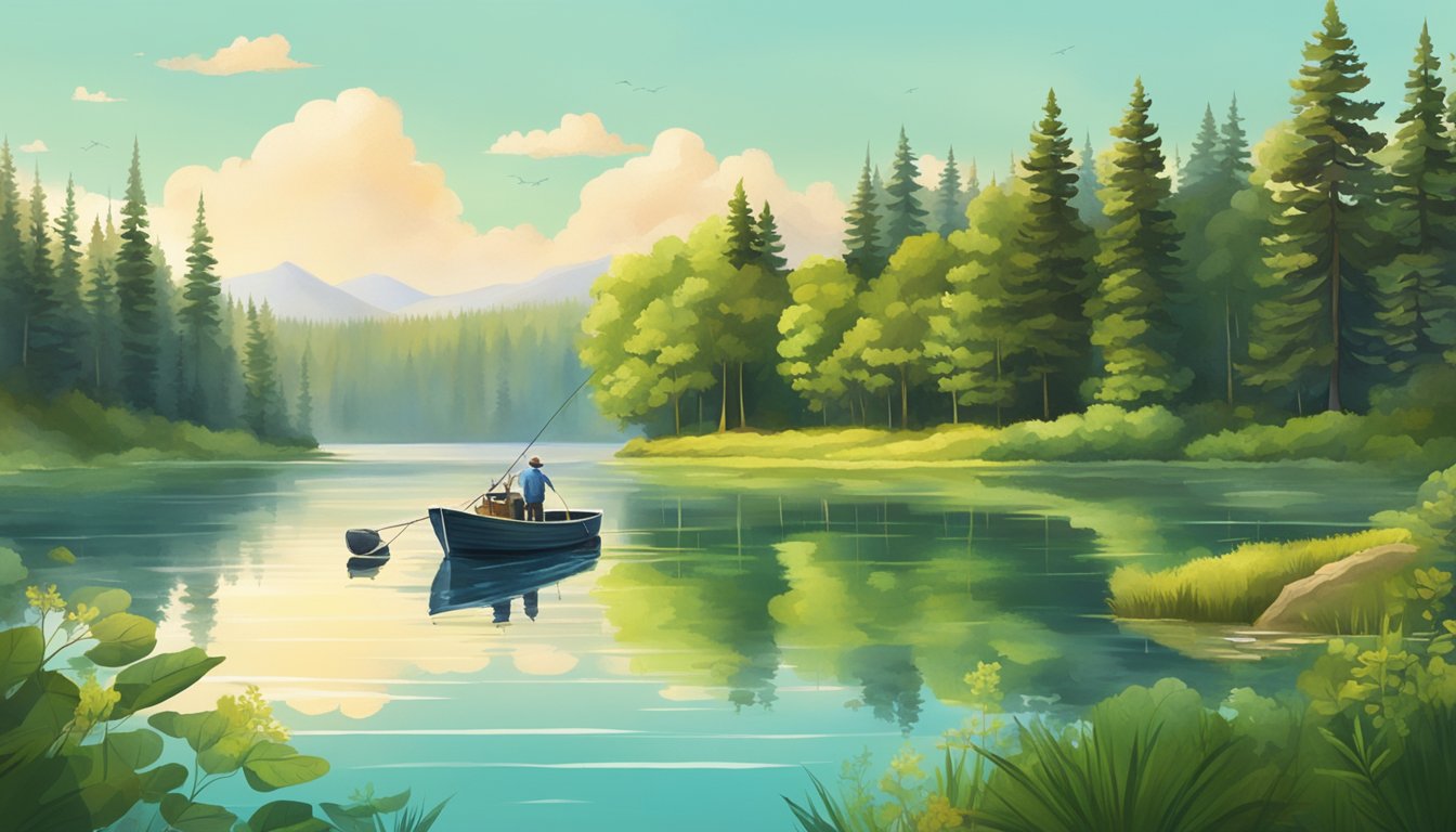 A serene lake in Minnesota with a fishing boat and a variety of fish swimming in the clear water, surrounded by lush green forests and wildlife