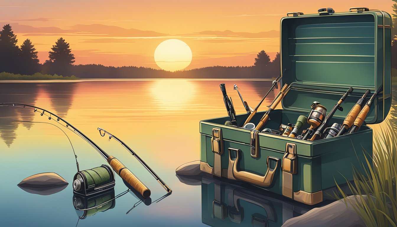 A fishing rod and tackle box on the edge of a calm Michigan lake, with a vibrant sunset reflecting off the water