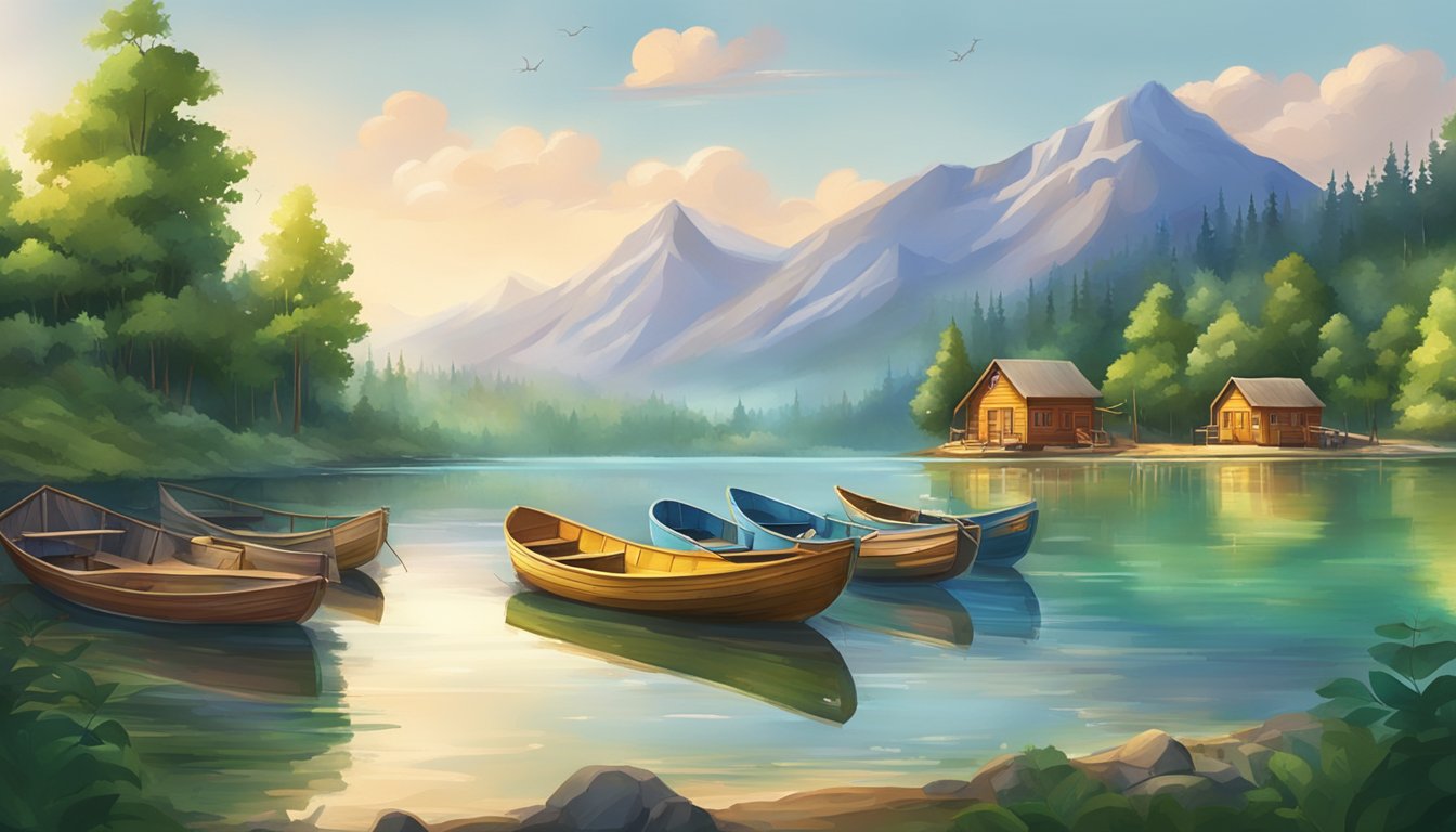 A serene lake with colorful fishing boats, surrounded by lush green forests and small rustic cabins