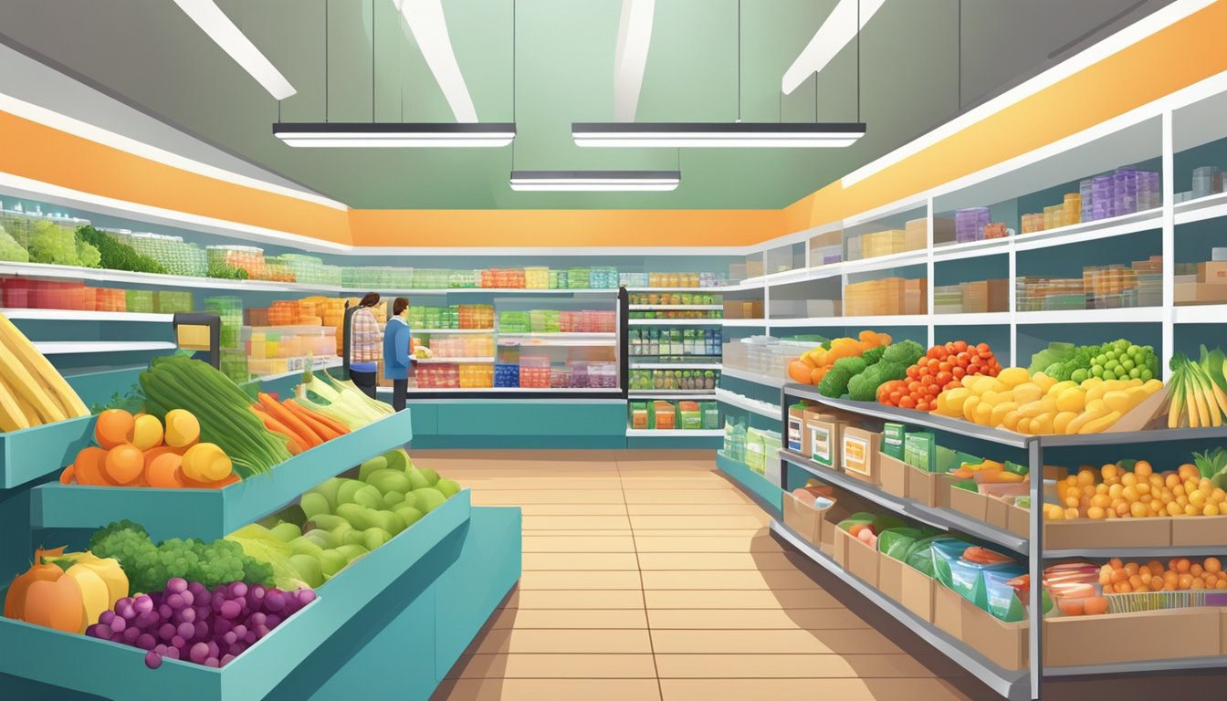 A colorful and bustling grocery store with neatly organized shelves, fresh produce, and friendly staff assisting customers