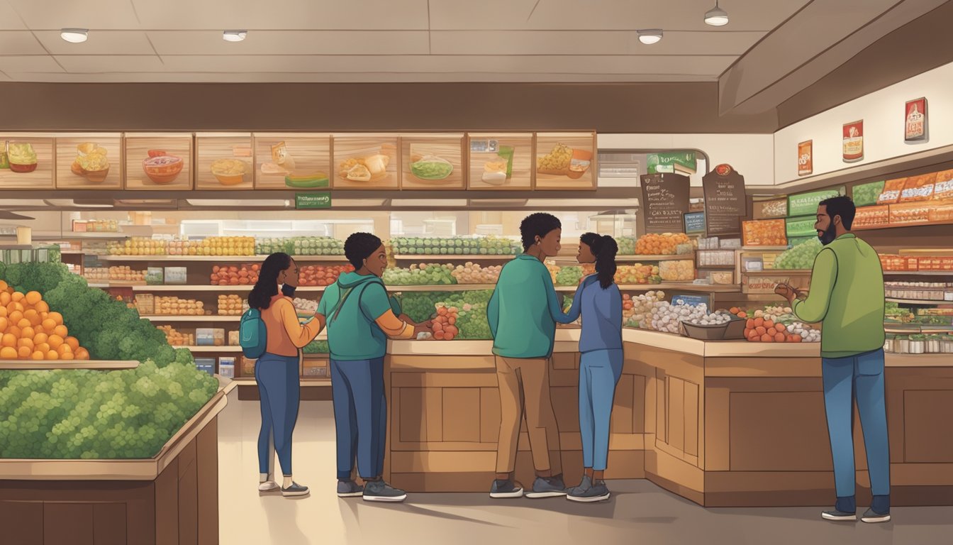 A bustling Raley's store with diverse customers chatting and smiling, employees assisting shoppers, and a sense of community warmth