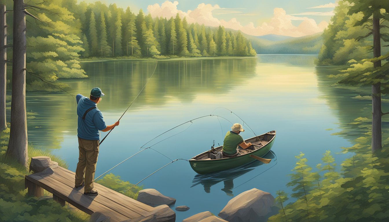 Anglers casting lines into a serene Michigan lake, surrounded by lush forests and distant mountains