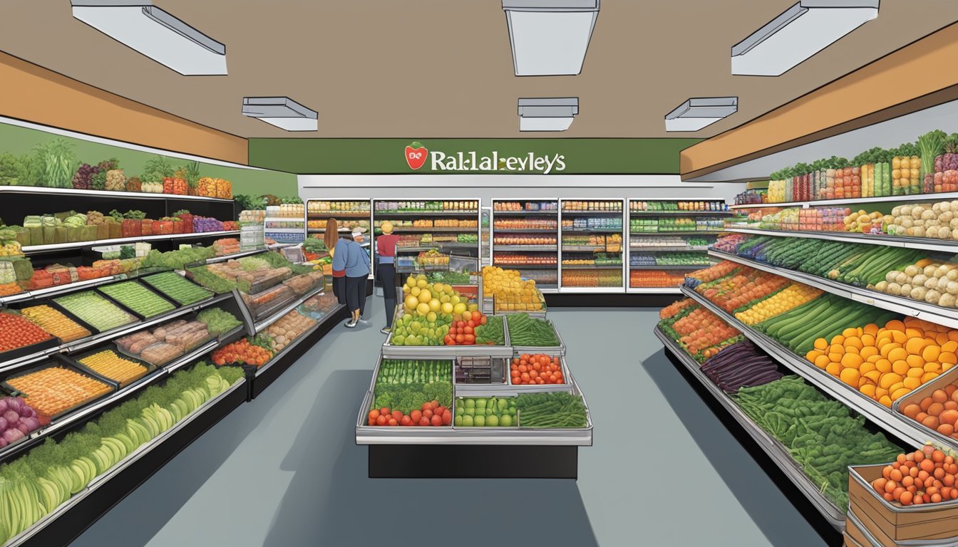 A bustling Raley's grocery store with colorful displays of fresh produce, neatly organized shelves, and friendly staff assisting customers