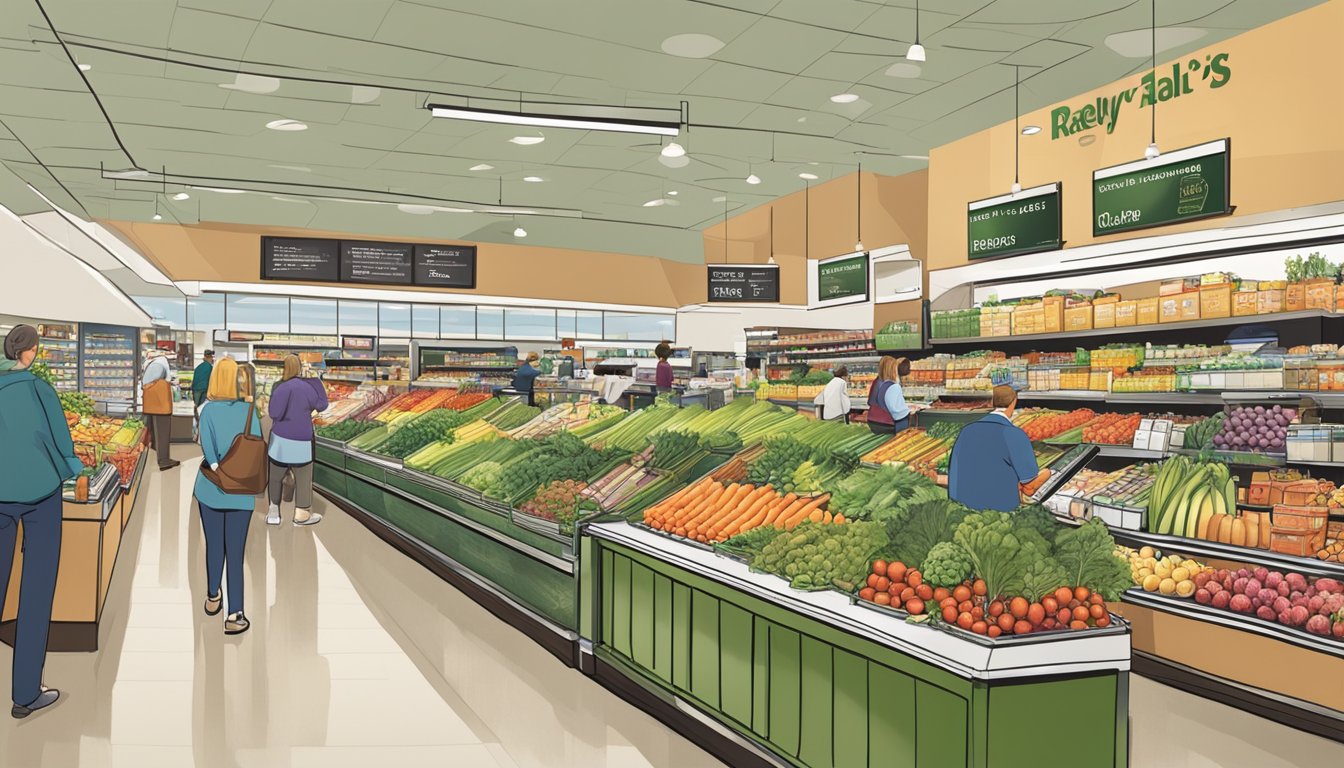 A bustling Raley's grocery store with modern decor, fresh produce, and friendly staff. Customers browse aisles filled with a wide variety of products