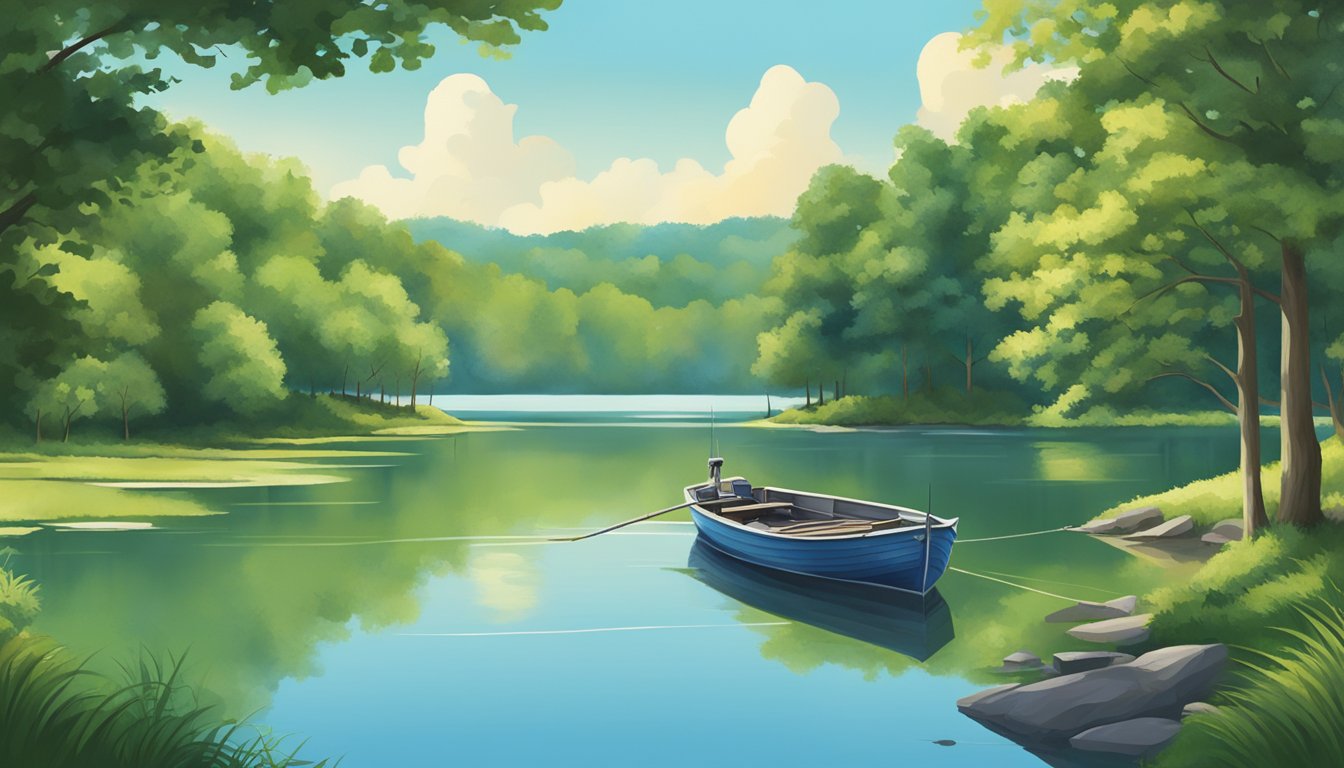 A serene Missouri lake with a fishing boat, surrounded by lush green trees and a clear blue sky