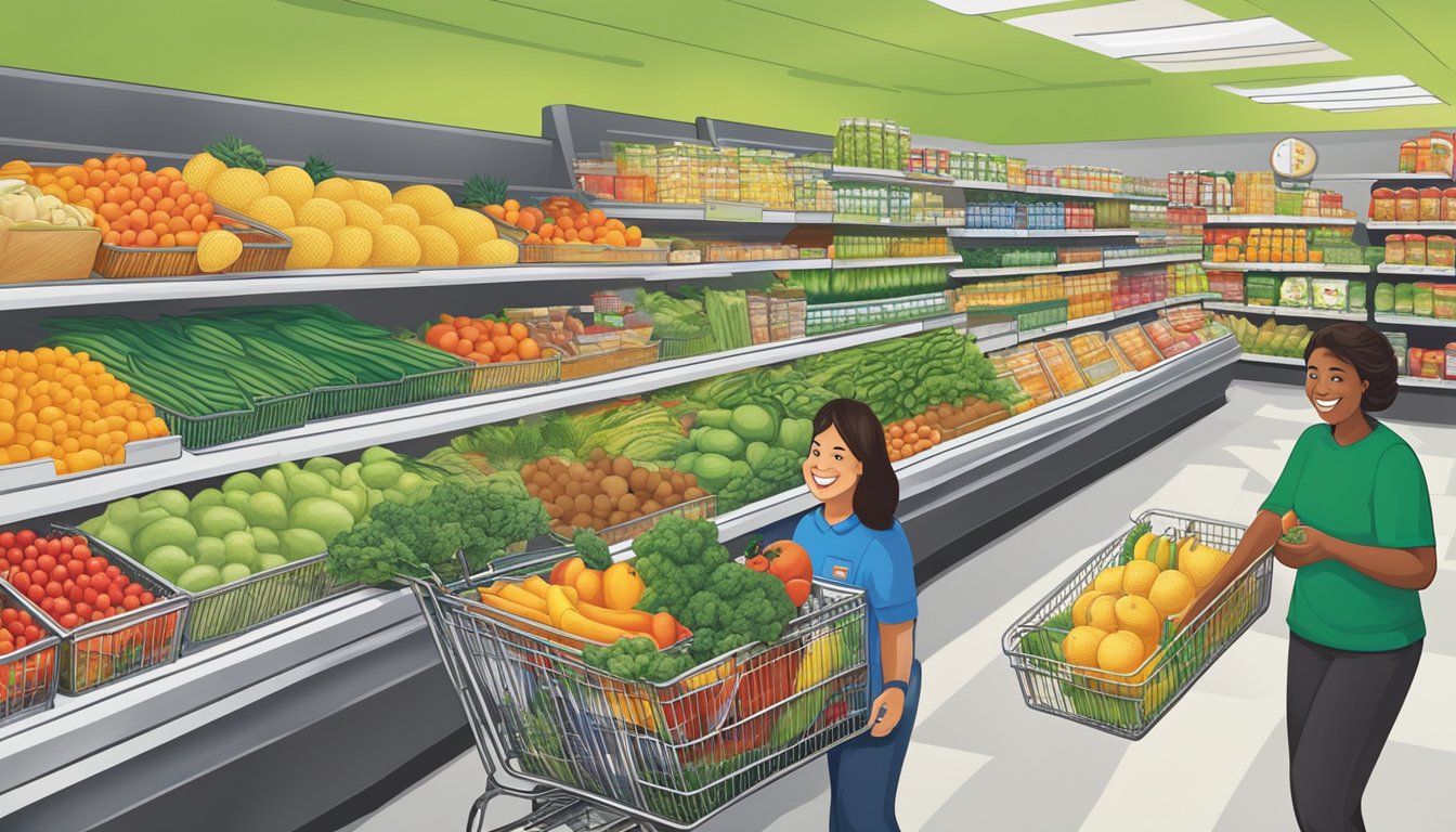 Customers happily filling their shopping carts with fresh produce, pantry staples, and affordable groceries at FoodMaxx. Bright, clean aisles and friendly staff create a welcoming atmosphere