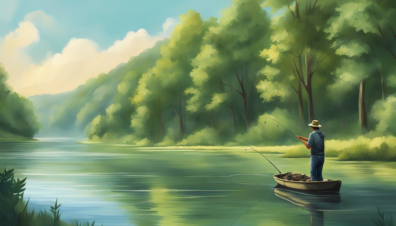 A fisherman casting a line into a tranquil Missouri river, surrounded by lush green trees and the sounds of nature