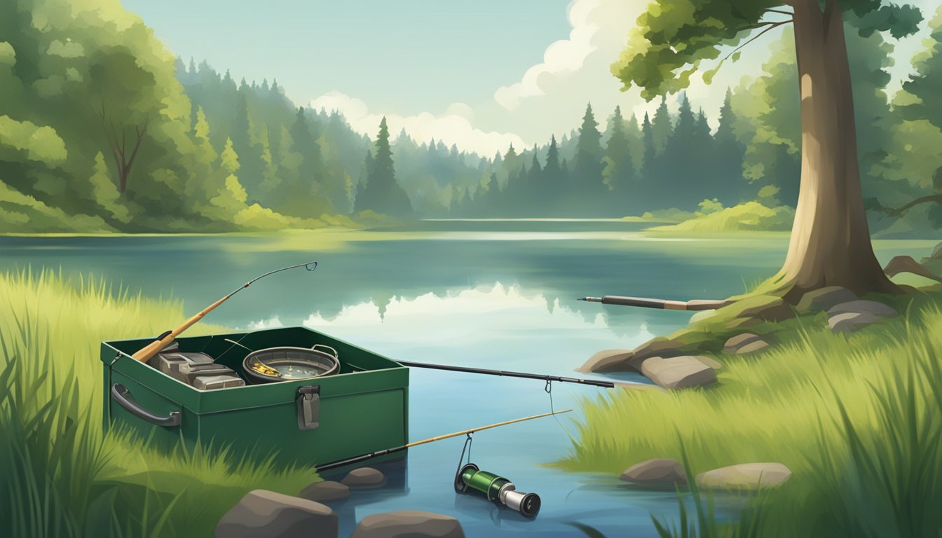 A serene lake surrounded by lush green trees, with a fishing rod and tackle box laid out on the grassy shore