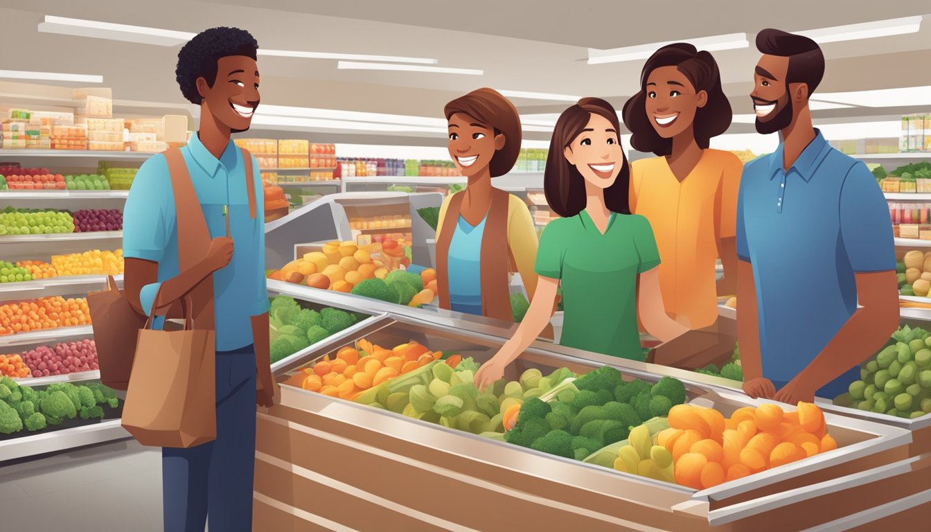 A diverse group of customers smiling and interacting with helpful staff in a clean and well-stocked FoodMaxx grocery store