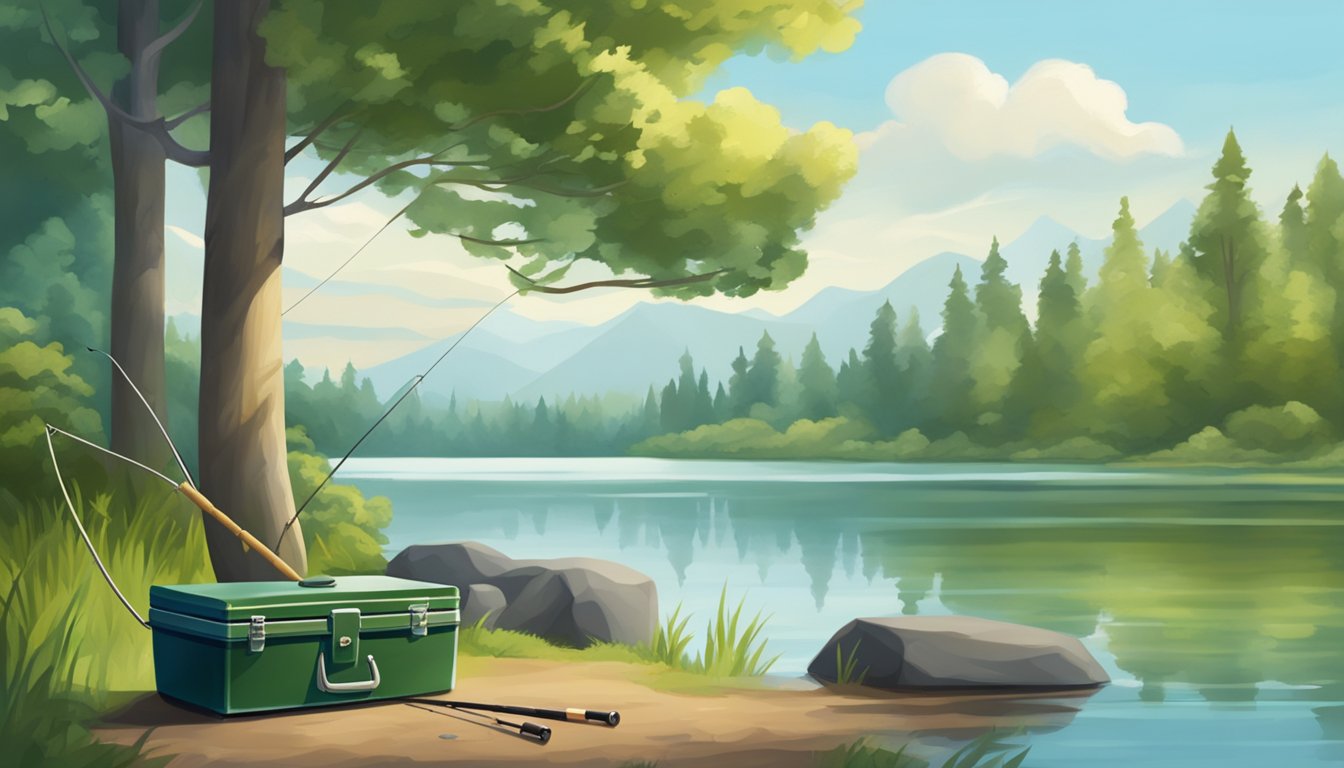 A serene lake surrounded by lush green trees, with a fishing rod and tackle box on the shore