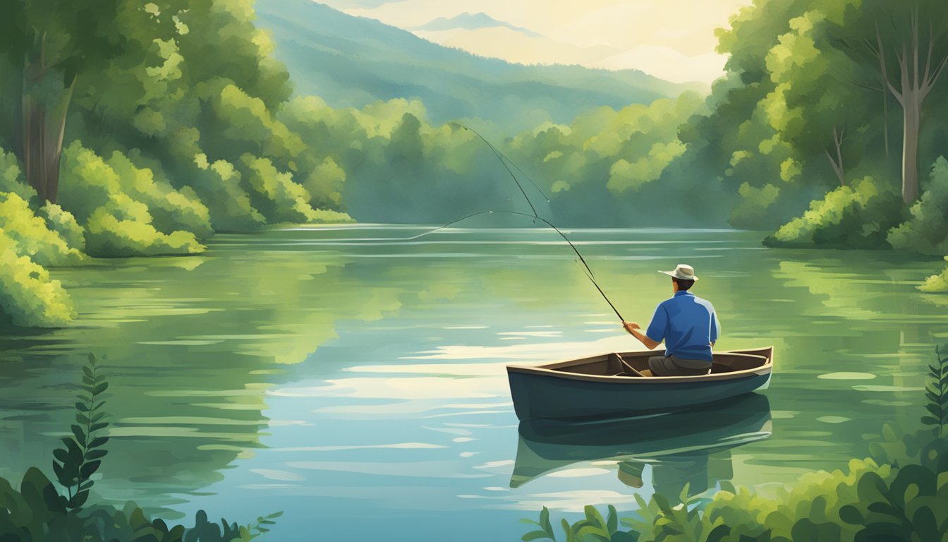 A serene lake in Missouri, surrounded by lush greenery. A person fishing with a catch-and-release mindset, respecting conservation and ethical practices