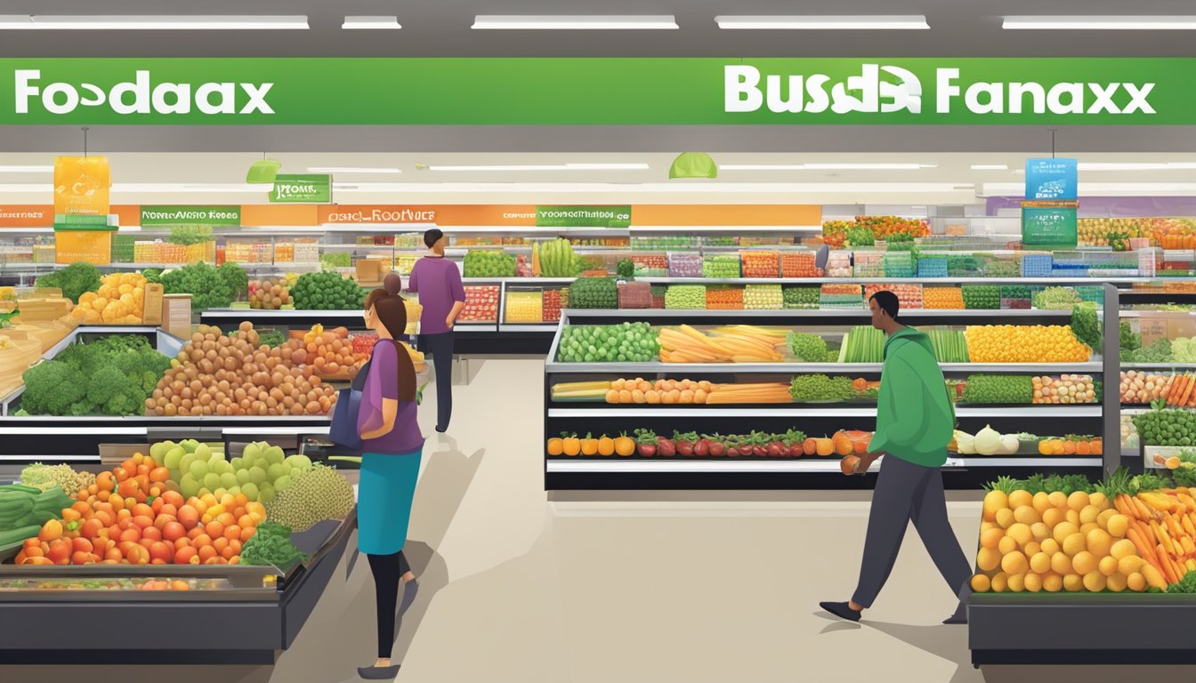 A bustling FoodMaxx store, filled with diverse customers and employees, showcasing affordable prices and a wide selection of fresh produce and groceries