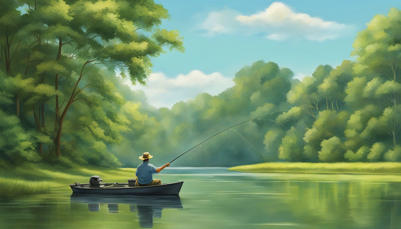 A person fishing on a calm river in Mississippi, surrounded by lush green trees and a clear blue sky