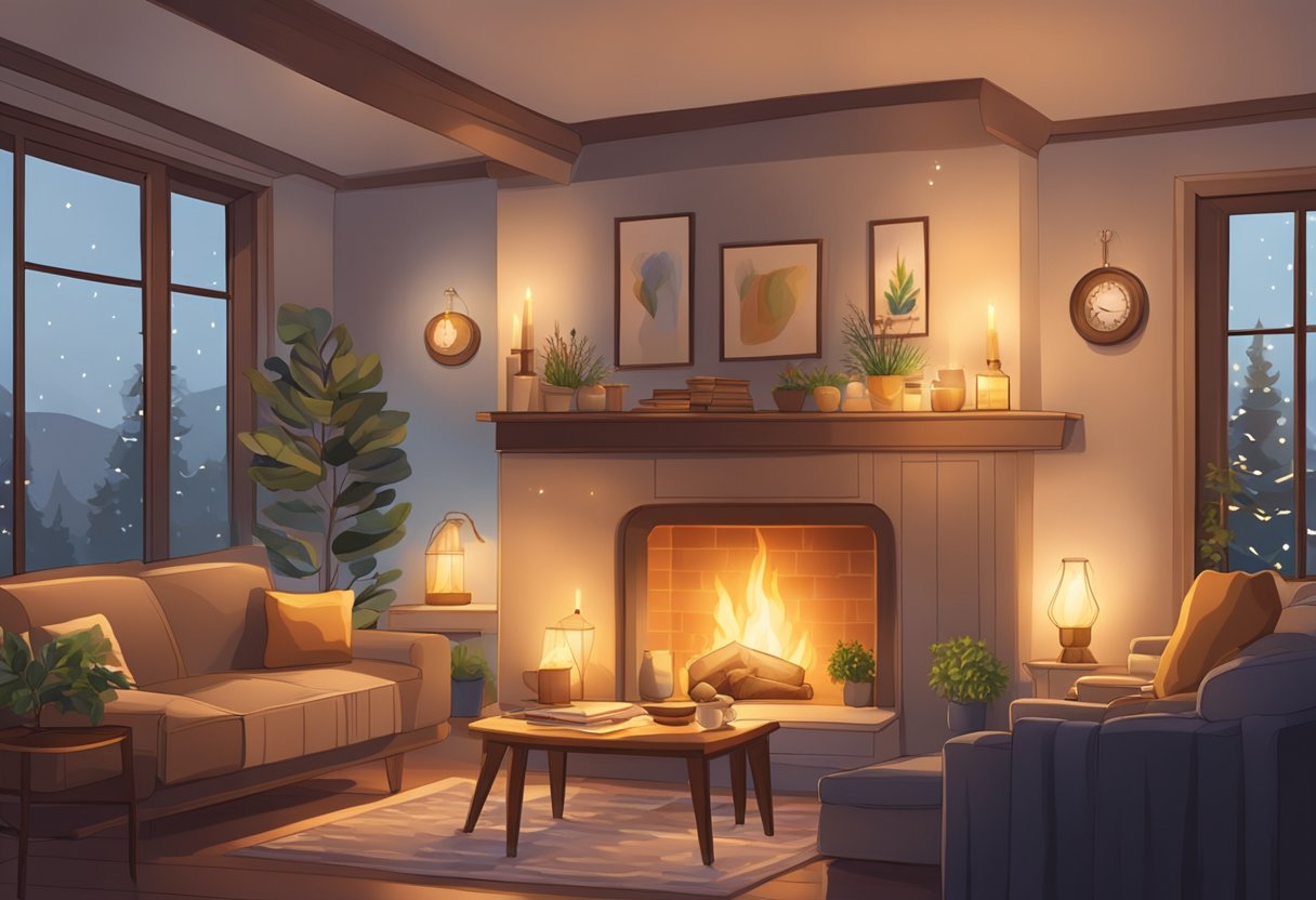 A cozy living room with a crackling fireplace, soft blankets, and warm lighting, creating a peaceful and inviting atmosphere