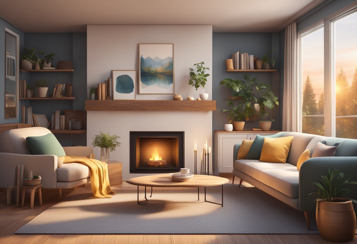 A cozy living room with soft lighting, a crackling fireplace, and comfortable seating arranged in a welcoming and harmonious manner