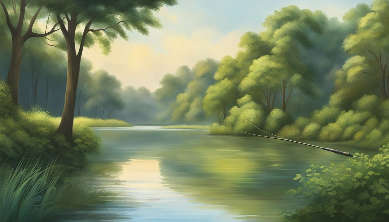 A serene riverbank in Mississippi, with a lone fishing rod resting against a tree, surrounded by lush greenery and the gentle flow of the water