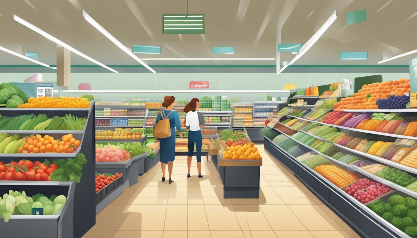 A bustling grocery store with bright, organized aisles, friendly staff assisting customers, and a wide variety of fresh produce and products on display