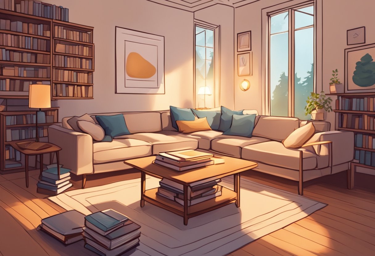 A cozy living room with warm lighting, soft blankets, and scattered books, creating a peaceful and inviting atmosphere