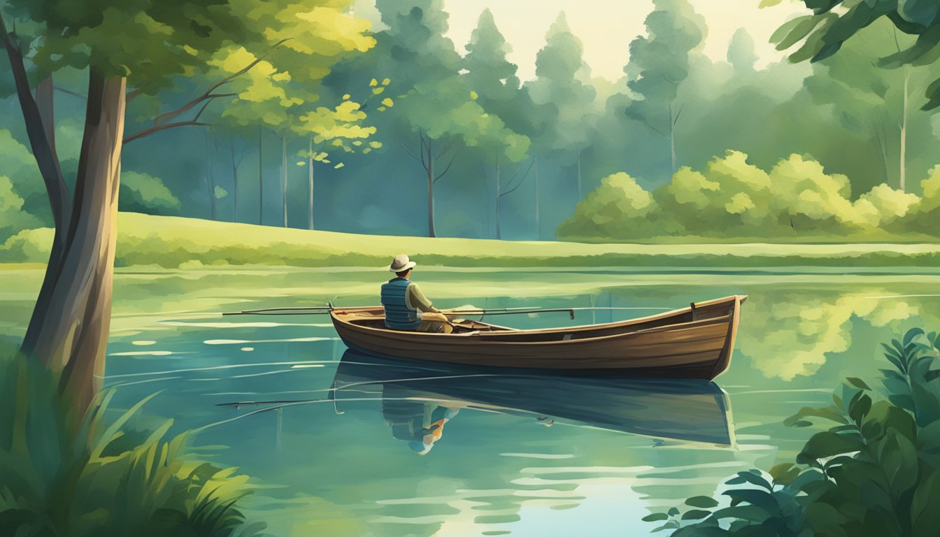 A serene lake surrounded by lush green trees, with a fishing rod resting on the edge of a small wooden boat