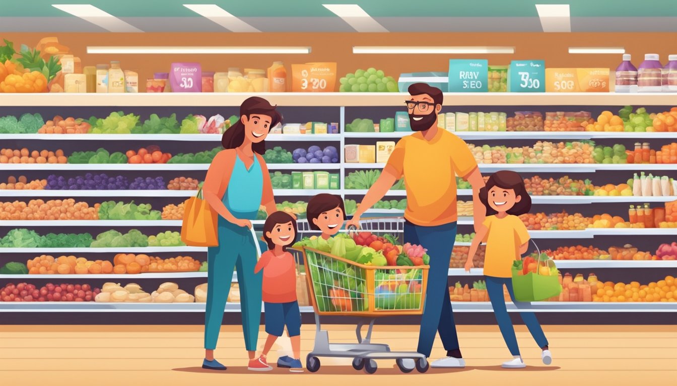 A cheerful family shopping together in a clean, organized grocery store with helpful staff and a wide selection of fresh, high-quality products