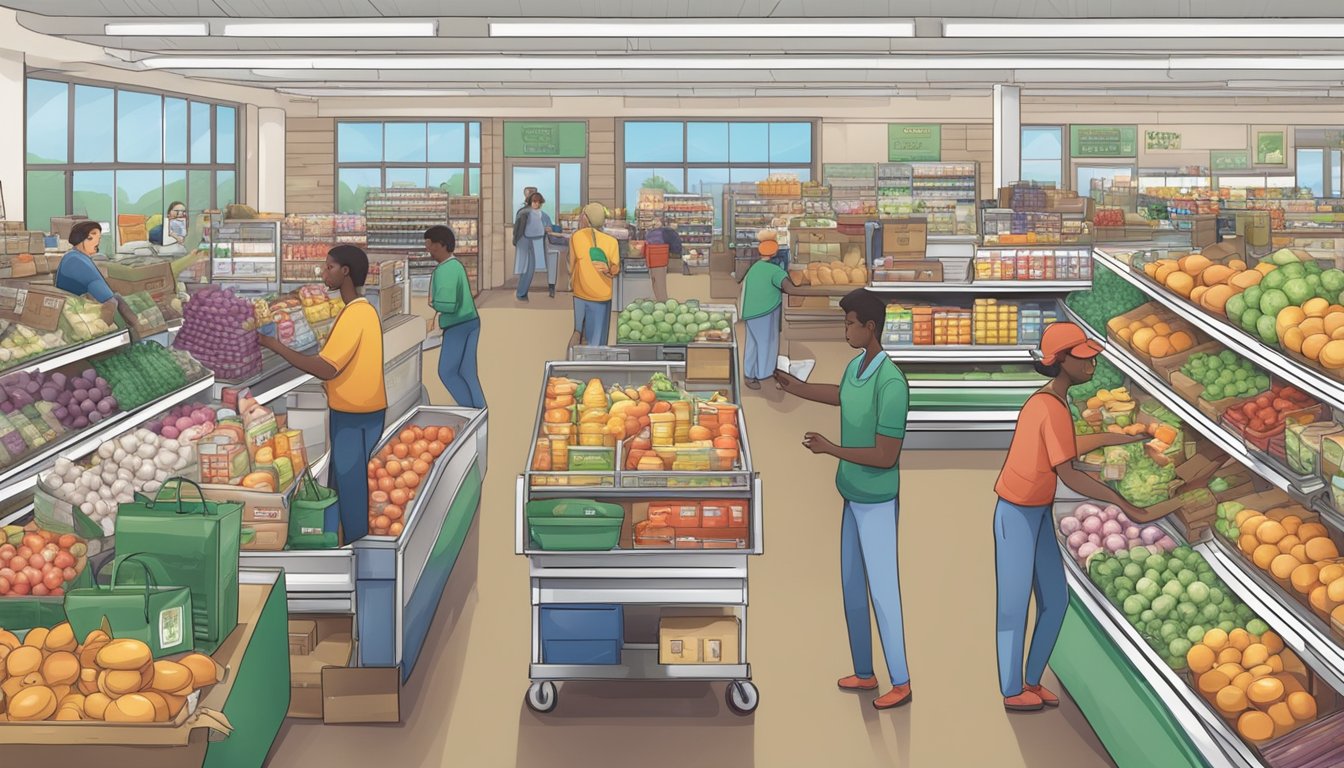 A bustling grocery store with employees assisting customers and organizing donation bins for local charities