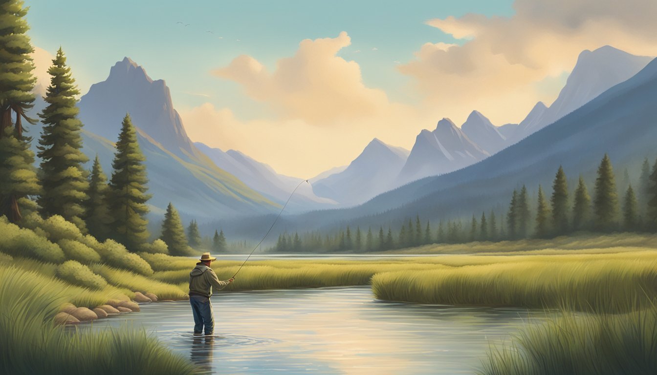 A fisherman casting a line into a serene Montana river, surrounded by lush greenery and mountains in the distance