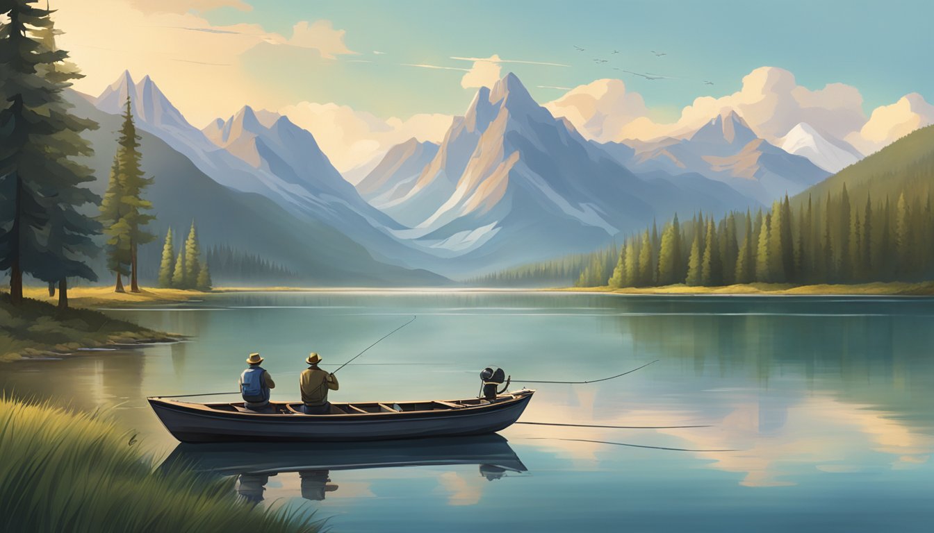 A serene lake surrounded by mountains, with a fishing boat and a guide casting lines into the water