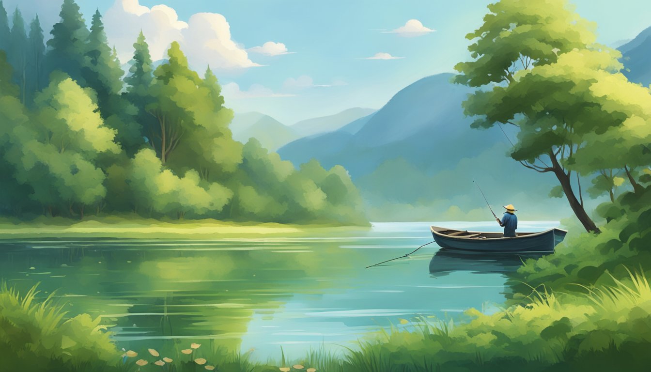 A serene lake surrounded by lush greenery, with a lone fishing boat and a fisherman casting a line into the calm waters