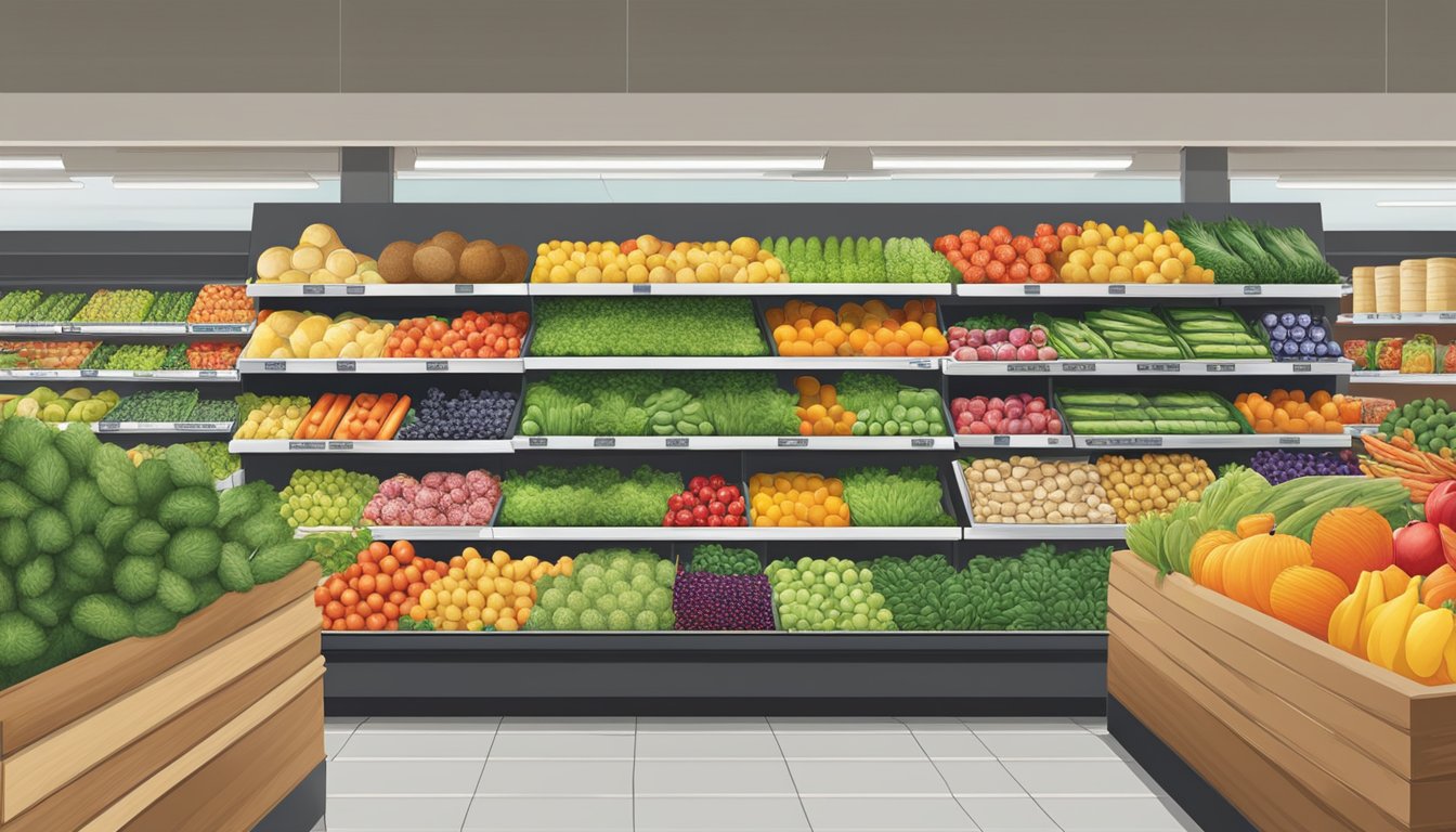 A colorful display of fresh produce, packaged goods, and exclusive branded items at a Brookshire Grocery Company store