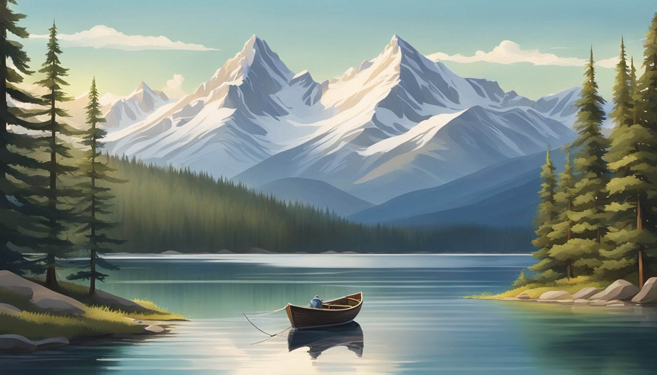 A serene mountain lake surrounded by pine trees, with a lone fishing boat out on the water, and the snow-capped peaks of the Rockies in the distance