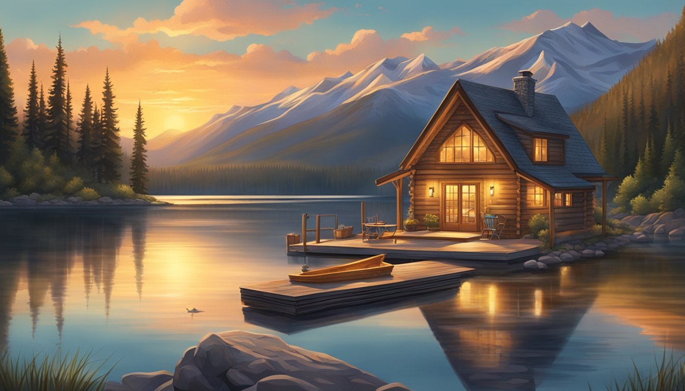 A cozy cabin nestled in the mountains, surrounded by a serene lake with a dock and fishing gear. A warm fire crackles inside, and the sun sets over the breathtaking Montana landscape