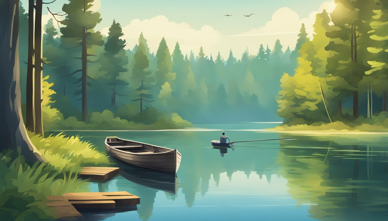 A tranquil lake surrounded by lush forests, with a small dock and a fishing boat floating on the calm water